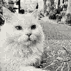 A white cat on a street, dithered to two tones.